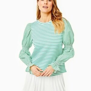 Addison bay Green and White Striped Soft Luxe Prep Pullover Sweatshirt Small New